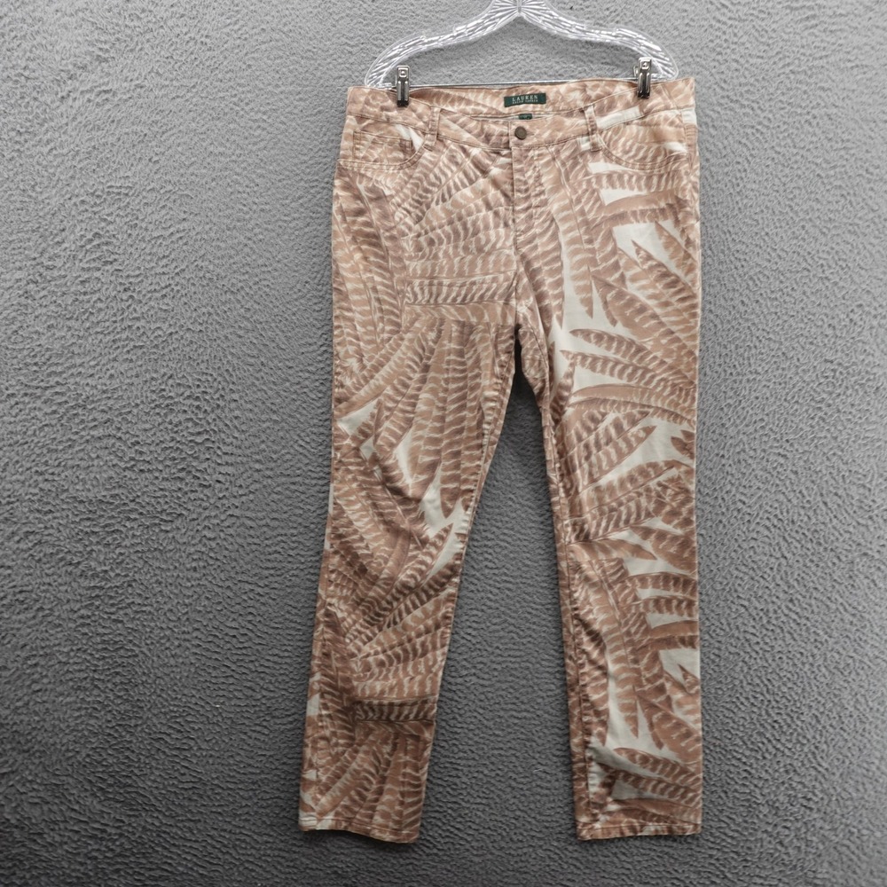 Ralph Lauren Womens Feather Print Slim Leg Jeans 14 Ivory Brown Skinny Fit LRL